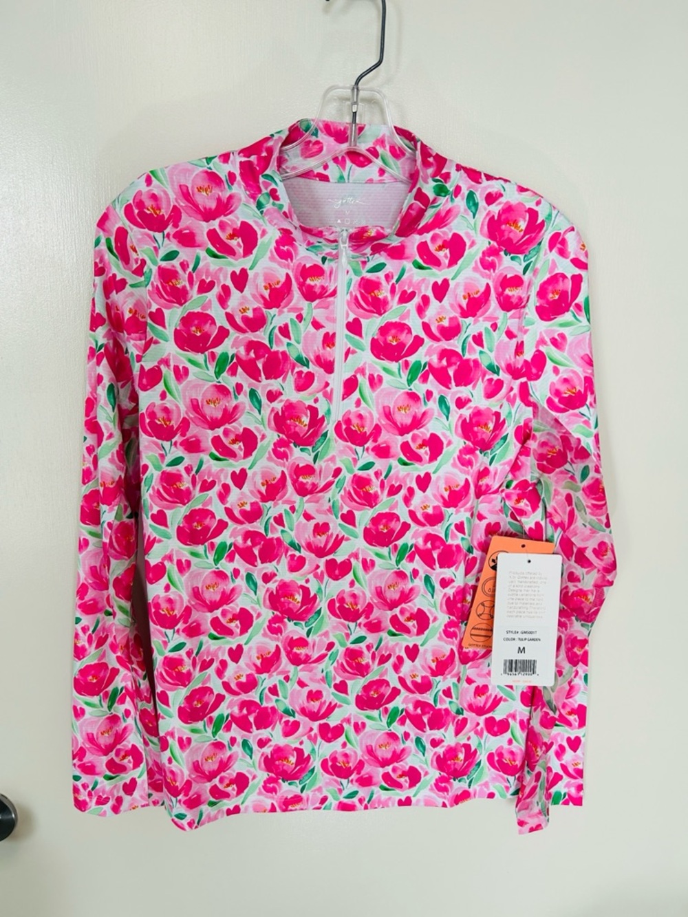 Gottex Pink, Green & White Floral Tulips 1/4 Quarter Zip Sport / Utility Jacket